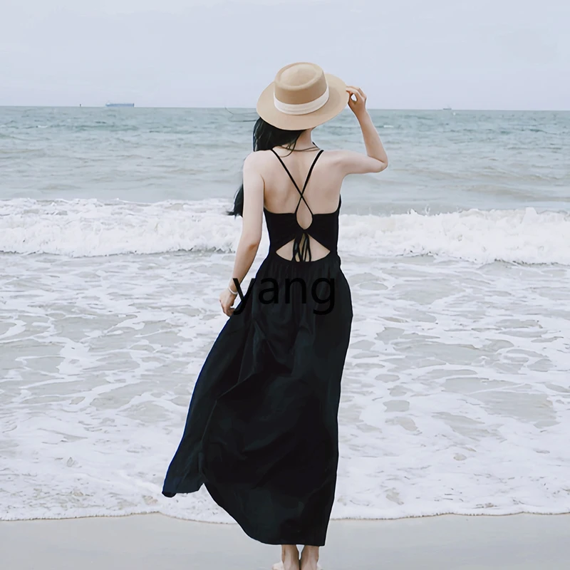 

LMM black suspender backless beach dress new seaside vacation dress