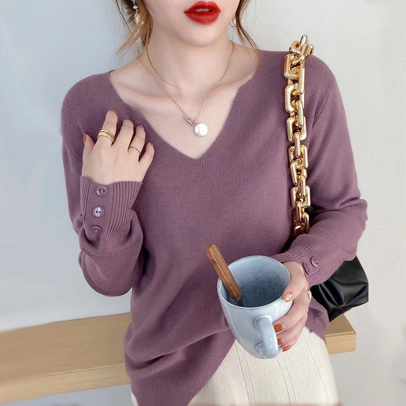 V-neck Knitted Sweater Long Sleeved Top Sweater Korean Version Gentle Style Base Shirt