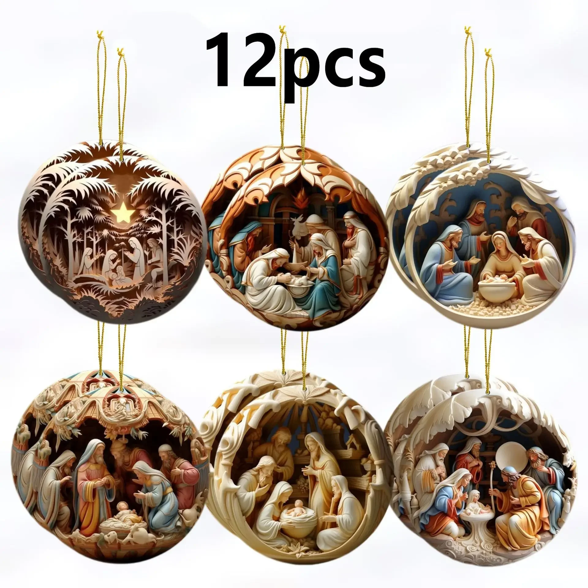 

12pcs/set Christmas Ornaments Jesus Family Prayer Wood Pendant Ornaments for Home Car Decor 2D