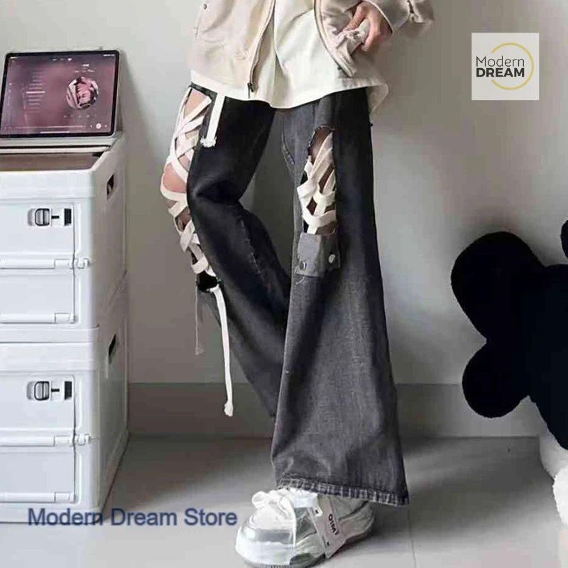 American high street retro design black strap hole jeans female summer new fashion temperament loose tooling wide-leg pants.