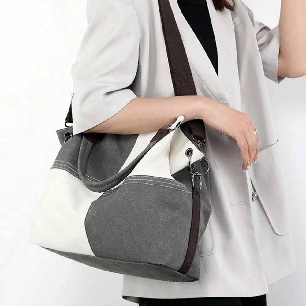 Simple Design Retro Canvas Shoulder Bag Patchwork Style Large Capacity Shoulder Crossbody Bag Soft All-match Color-block Handbag