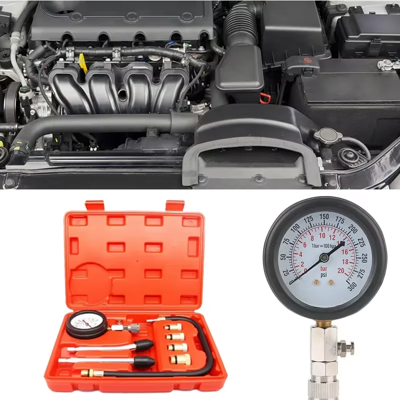 Kit profesional de probador de compresión de motor de gasolina, juego de herramientas de manómetro de cilindro de combustible de 0-300 PSI para motocicletas y coches