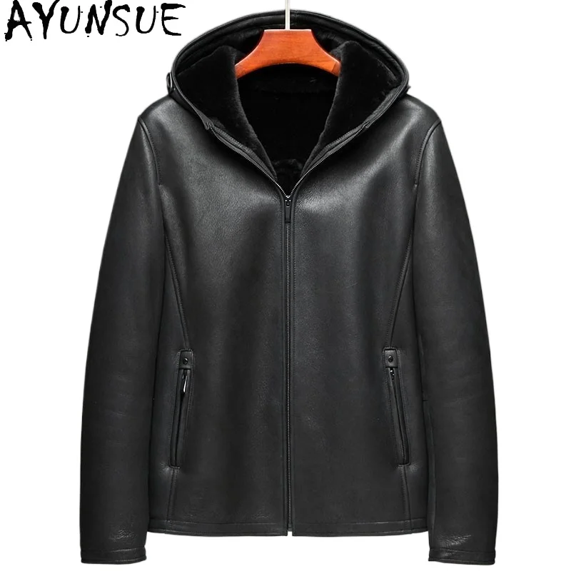 AYUNSUE 本物のメリノ羊の毛皮のジャケット男性用フード付き冬本革ジャケット男性ビジネスカジュアル暖かい天然毛皮のコート
