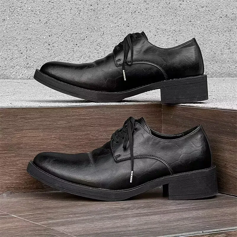 

2025 High-heeled Platform Increase Height Casual Niche Upturned Catwalk Men's Trendy Models Wizard Pointed Leather Derby Shoes