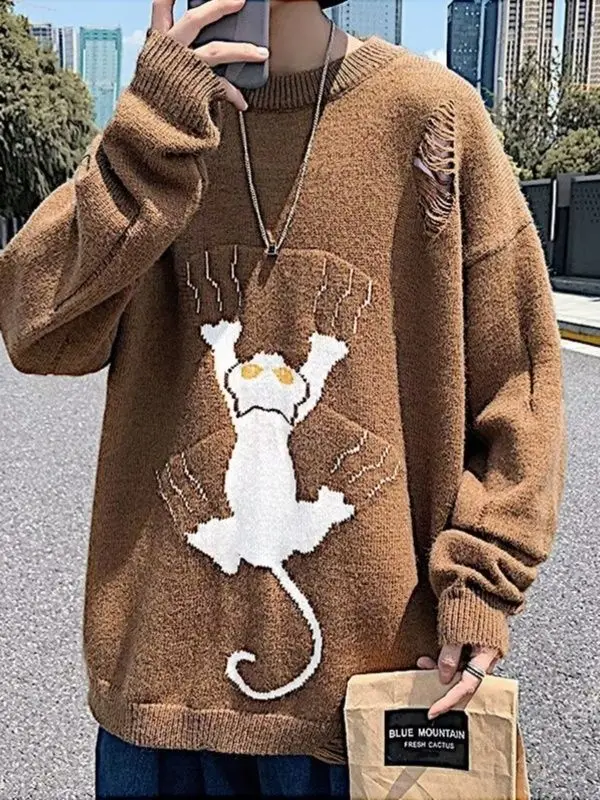 American Retro Cartoon Cat Design Hole Sweaters Oversized Pullovers Men Unisex Fashion Winter Knitted Jumper Tops Kawaii Clothes