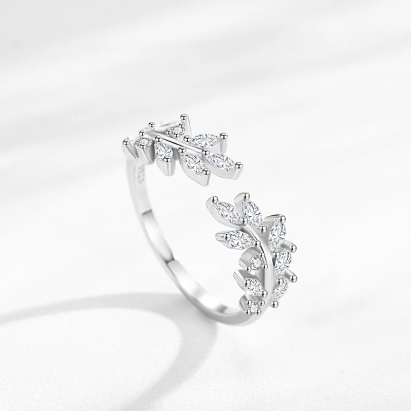 Ailmay Top Quality 925 Sterling Silver Charm Leaf Dazzling CZ Adjustable Finger Rings For Women Trendy Wedding Christmas Gifts