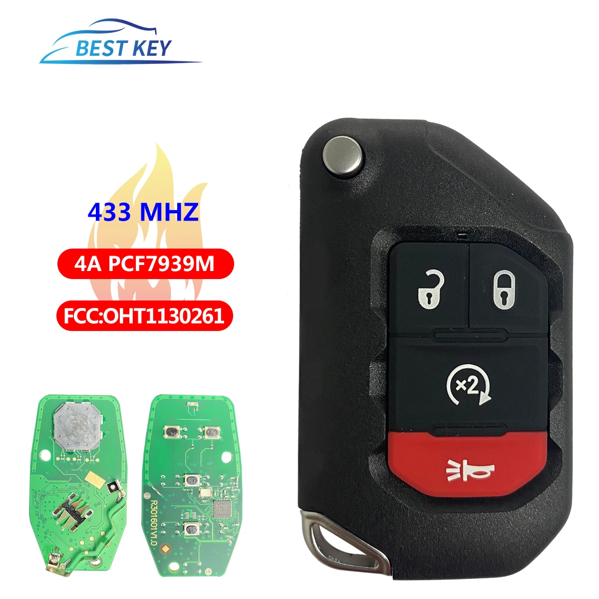 

3+1 Button Flip Remote Key ASK 434MHz PCF7939M HITAG AES 4A CHIP for JEEP Gladiator Wrangler FCC ID: OHT1130261 SIP22 Blade