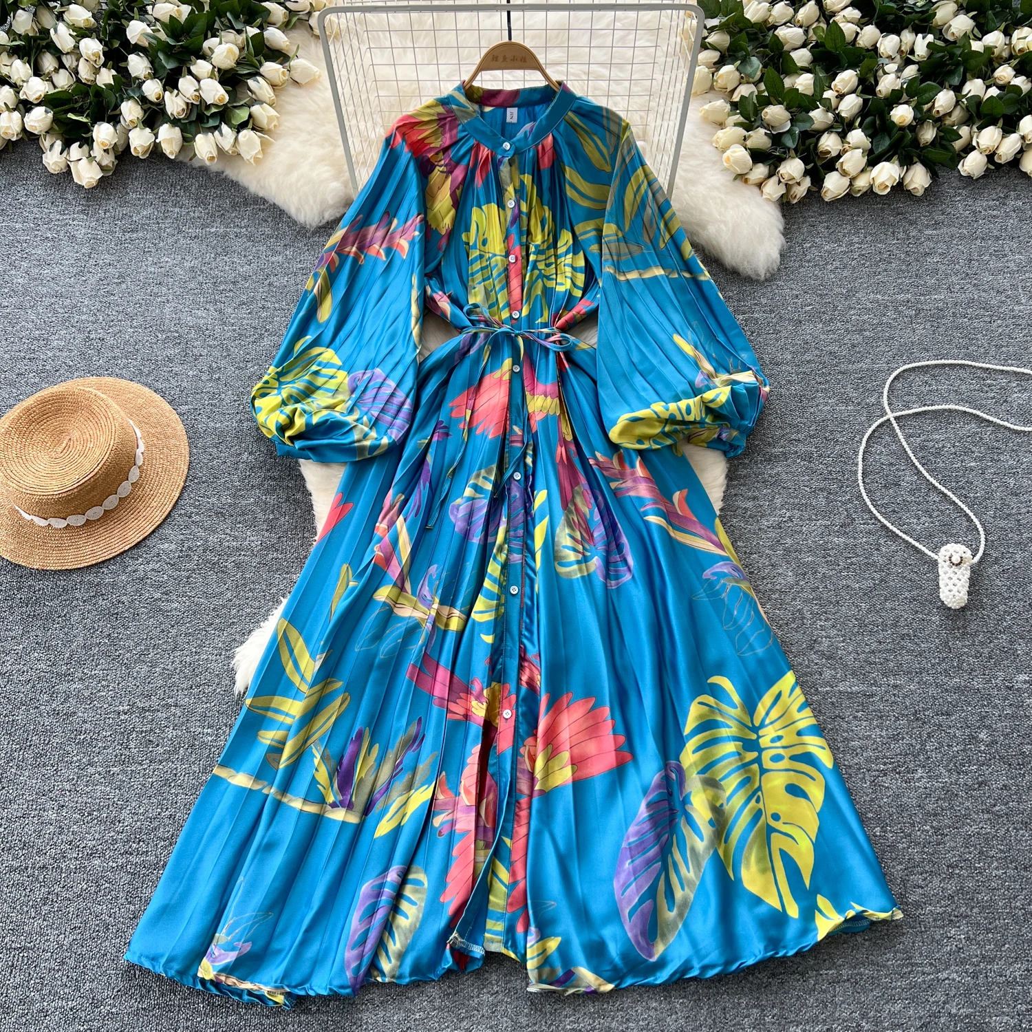 European American Printed Maxi Dress For Women Autumn Fashion O-neck Single Breasted Lantern Sleeves Pleated Large Swing Skirt