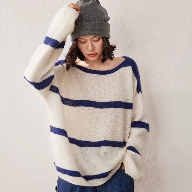 

Women's 100% Cashmere Sweater One Neck Knitted Pullover Loose Striped Fashionable Soft Top for Casual Wear