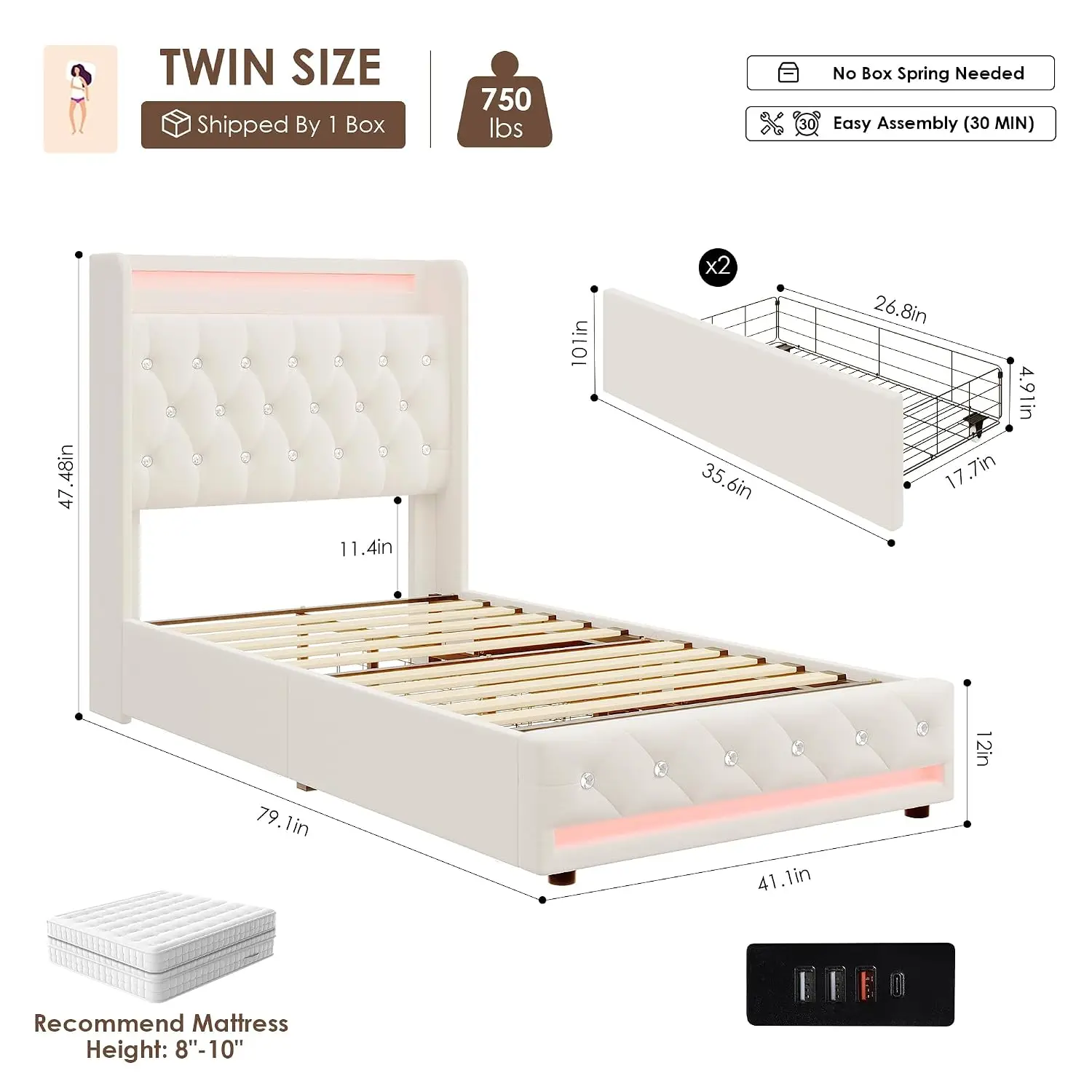 Upholstered Twin LED Bed Frame Storage Charging Headboard Beige, Customized image 2