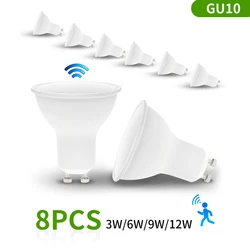 8PCS GU10 Radar Motion Sensor LED Spotlight Bulbs 3W 6W 9W 12W AC220V For Ceiling Downlight Passage Corridor Walkway Lighting