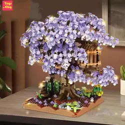 Mini Cherry Tree House Sakura Blossom Building Blocks Trains With Lights DIY Model City Street View Flower Bricks Kids Toys Gift