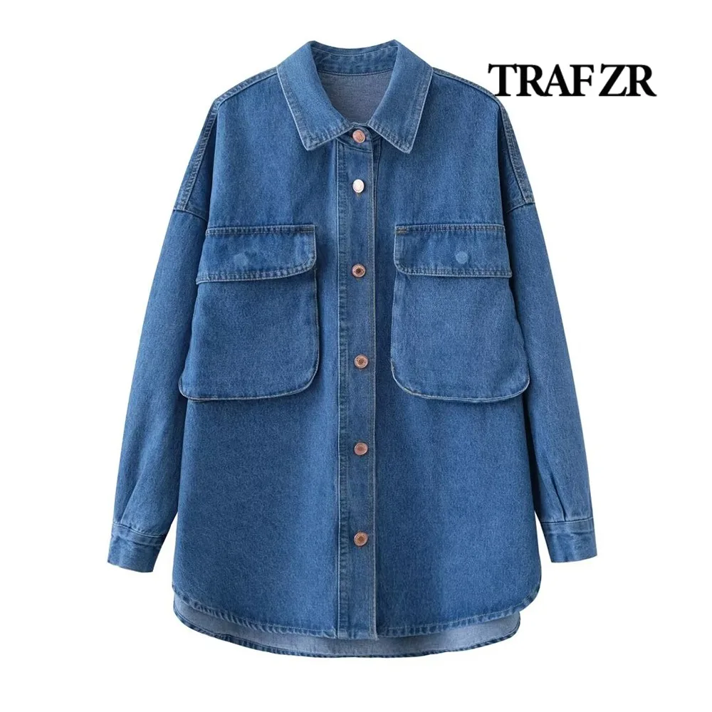 TRAF ZR Shirts & Blouses Long Cuffed Sleeve Shirt Front Metal Button Cardigan Turn-down Collar Chest Pockets Denim womens Tops