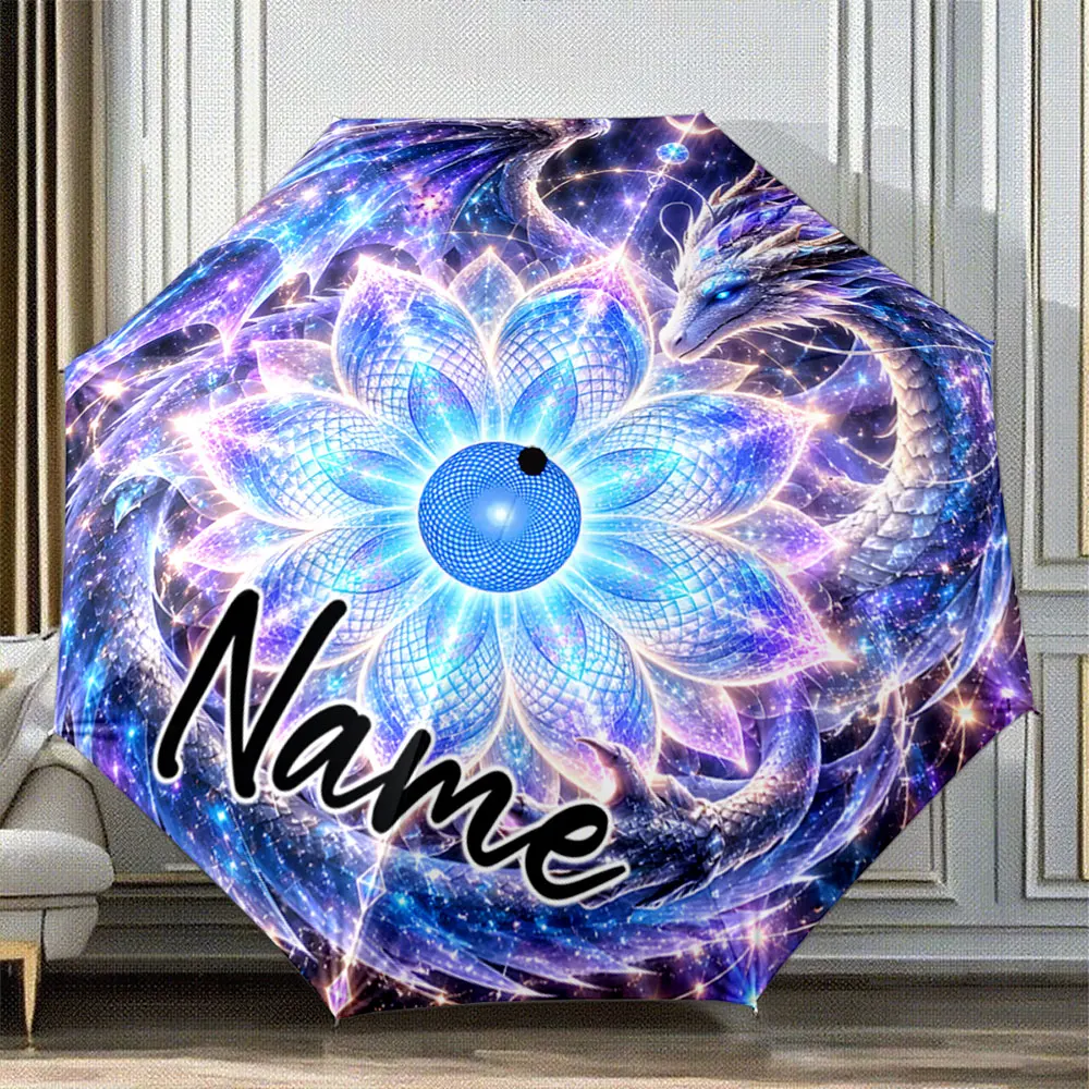 Custom Name Umbrella Starry Blue Violet Lotus with Dragon 8 Iron Ribs Folding Umbrella Auto-Open Fashion Sunshade
