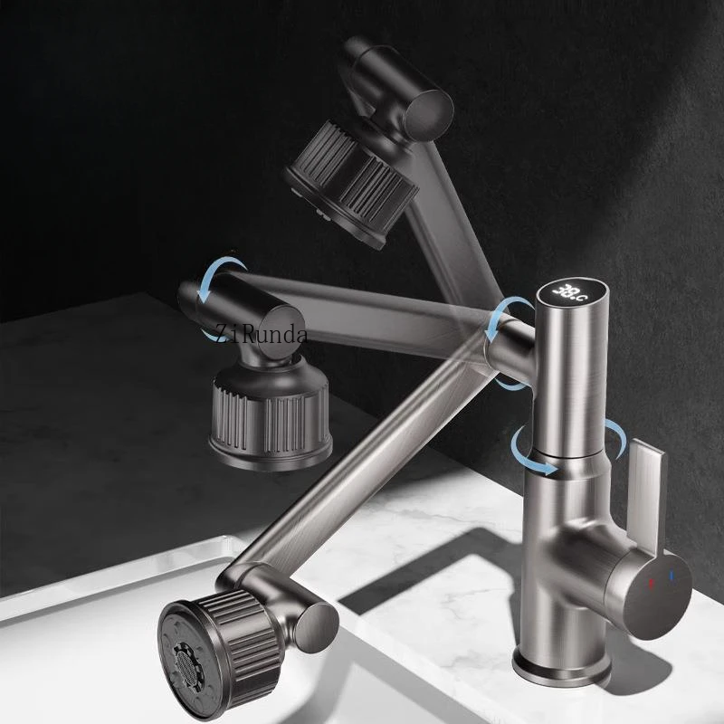 Household Simple Gun Gray Basin Universal Faucet Full Copper Multi-functional Wash Basin Rotating Hot and Cold Faucet