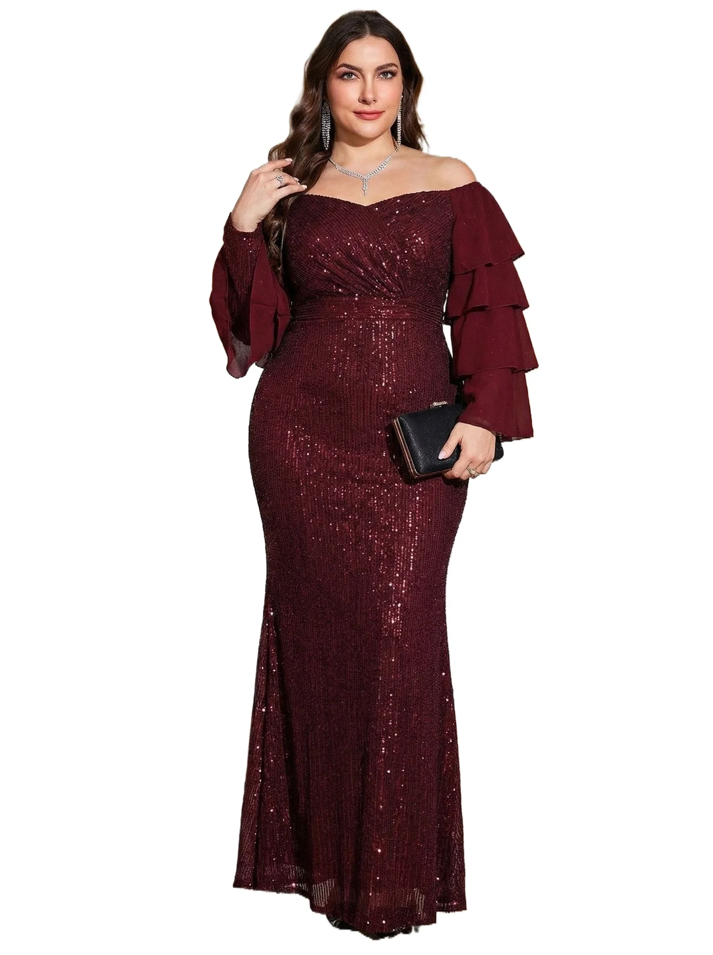 

Элегантное вечернее платье-русалка с открытыми плечами, длинными рукавами, многоярусной юбкой и пайетками, больших размеров
