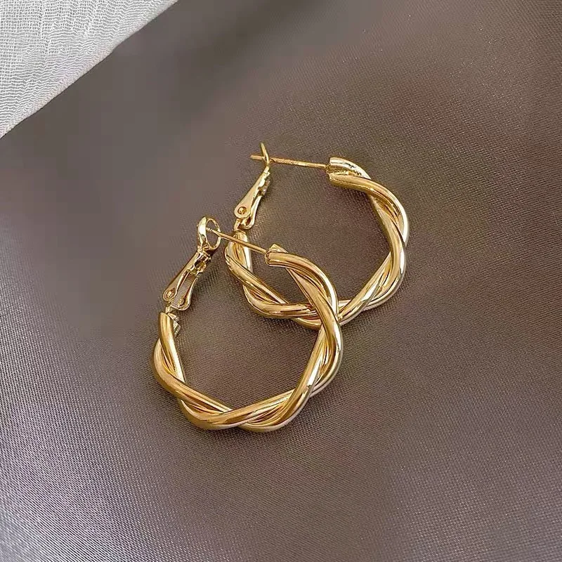 

925 Silver Needle Korean Fashion Woven Twists Earrings For Women Metal Earing Jewelry 2025 Trending New Gold Color Hoop Earrings