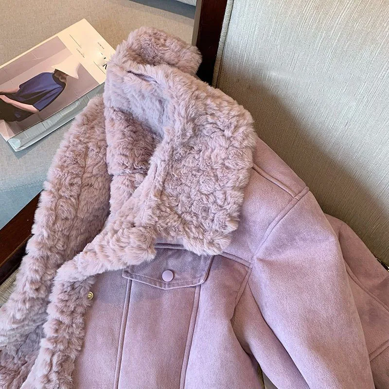 Lucyever Purple Lamb Wool Jacket for Woman 2023 Autumn Winter New Thick Warm Short Jacket Female Korean Style Plush Lapel Coat