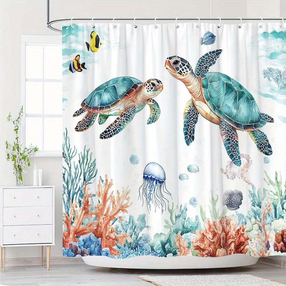 

Занавеска для душа с изображением морских черепах – причудливая подводная сцена с 2 черепахами, коралловым рифом, медузами и рыбами на белом фоне, водонепроницаемая.