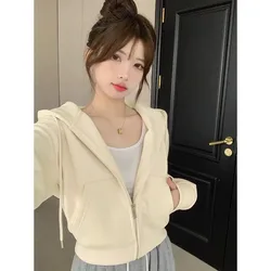 Korean style Y2k 2023 Autumn White Zip Hoodie Women Korean Style Streetwear Zipper Sport Short Sweatshirt Solid New Fashion