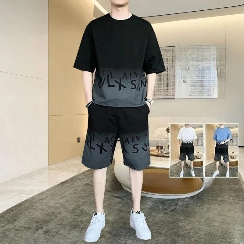 

Jogger Running Male T Shirt Short Sets No Logo Jogging Men's Shorts Set Loose Fashion Man 2025 Quarter Sleeve Trendy Two Piece