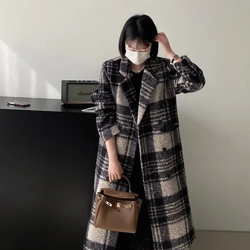 체크무늬 퀼트 울 코트, 턴다운 칼라, 긴팔, 우아한 더블 브레스트 재킷, 따뜻한 오버코트, 겨울 패션, 2024 신상