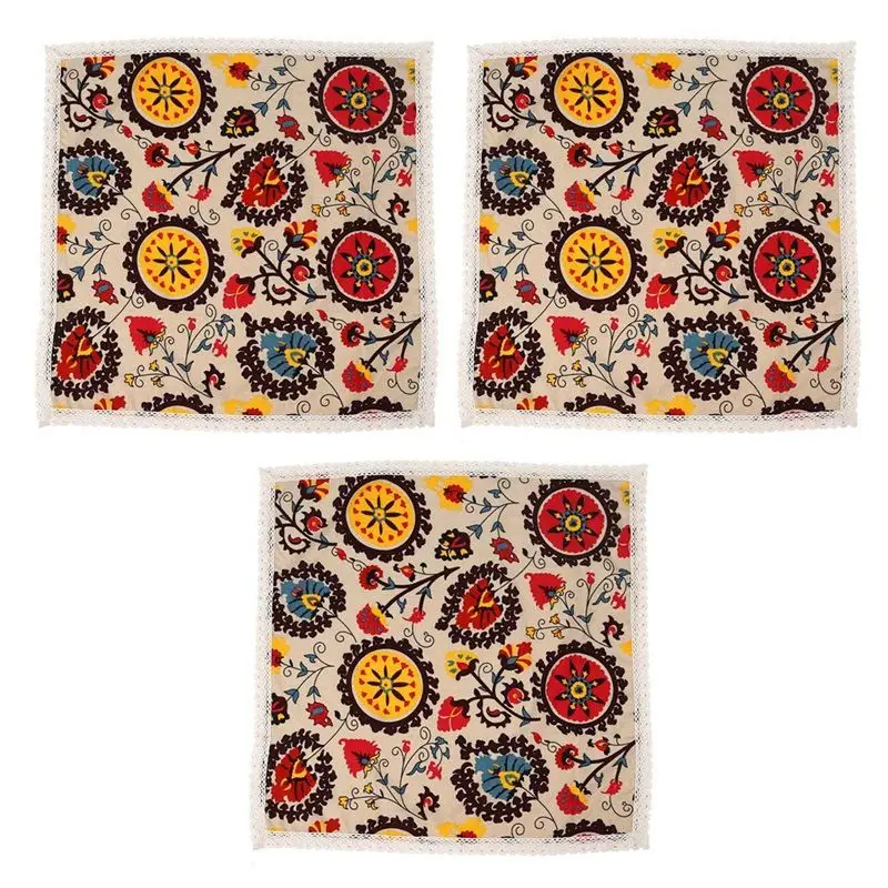 *A91P 3X Vintage Square Cotton Linen Lace Sun Flower Tablecloth, Washable Tablecloth Dinner Picnic Table Cloth