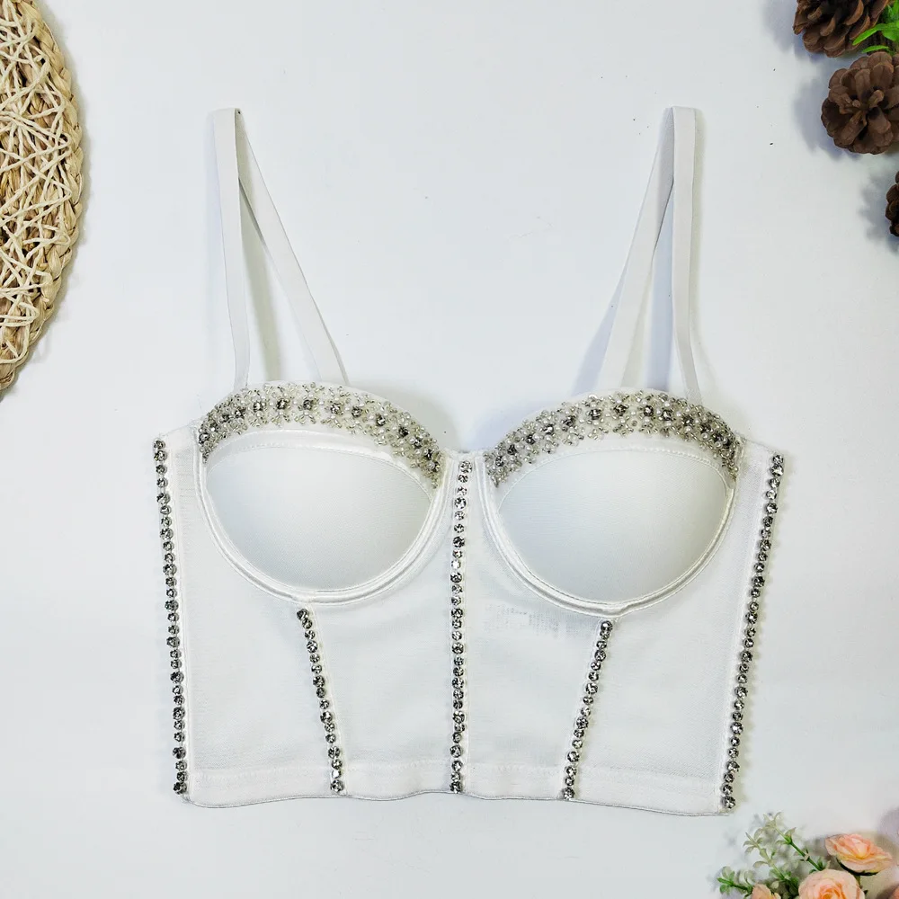 

customized women's adult mesh lace vest underwear elastic suspender fishbone bra with nail beads and strapless sexy bra latex