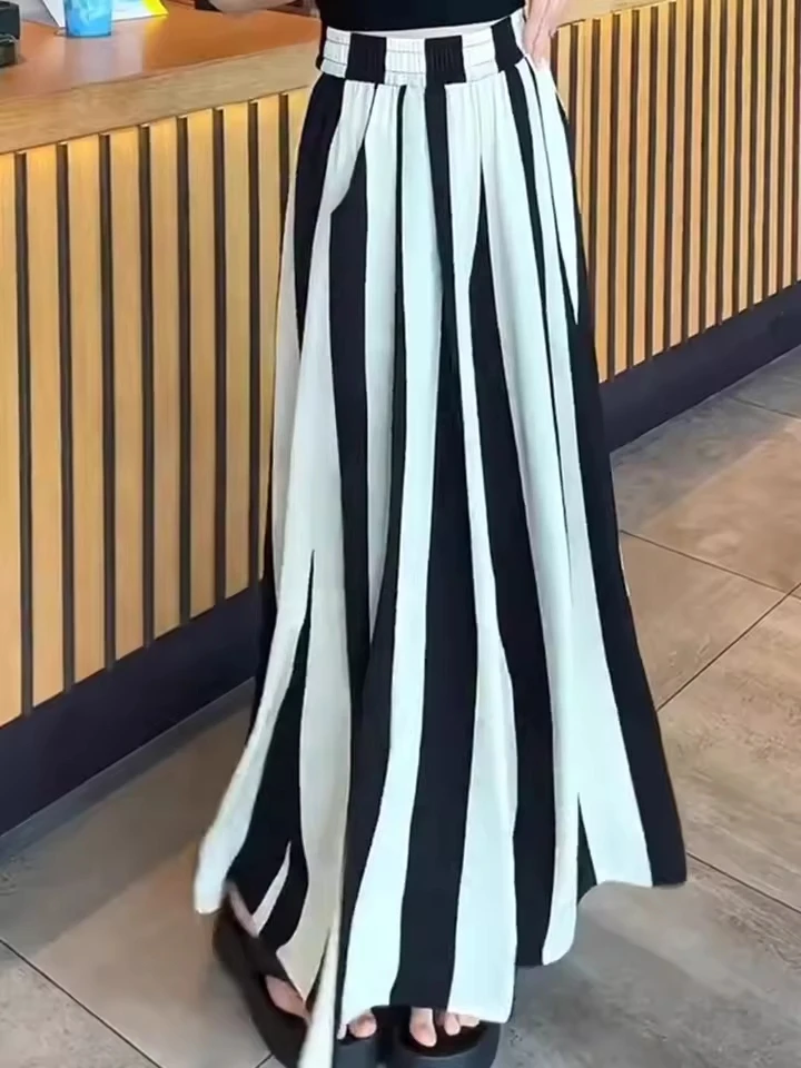 Large Women's Wide Leg Casual Pants 2025 Summer New Fashion Style Show Thin Striped Pants Skirt