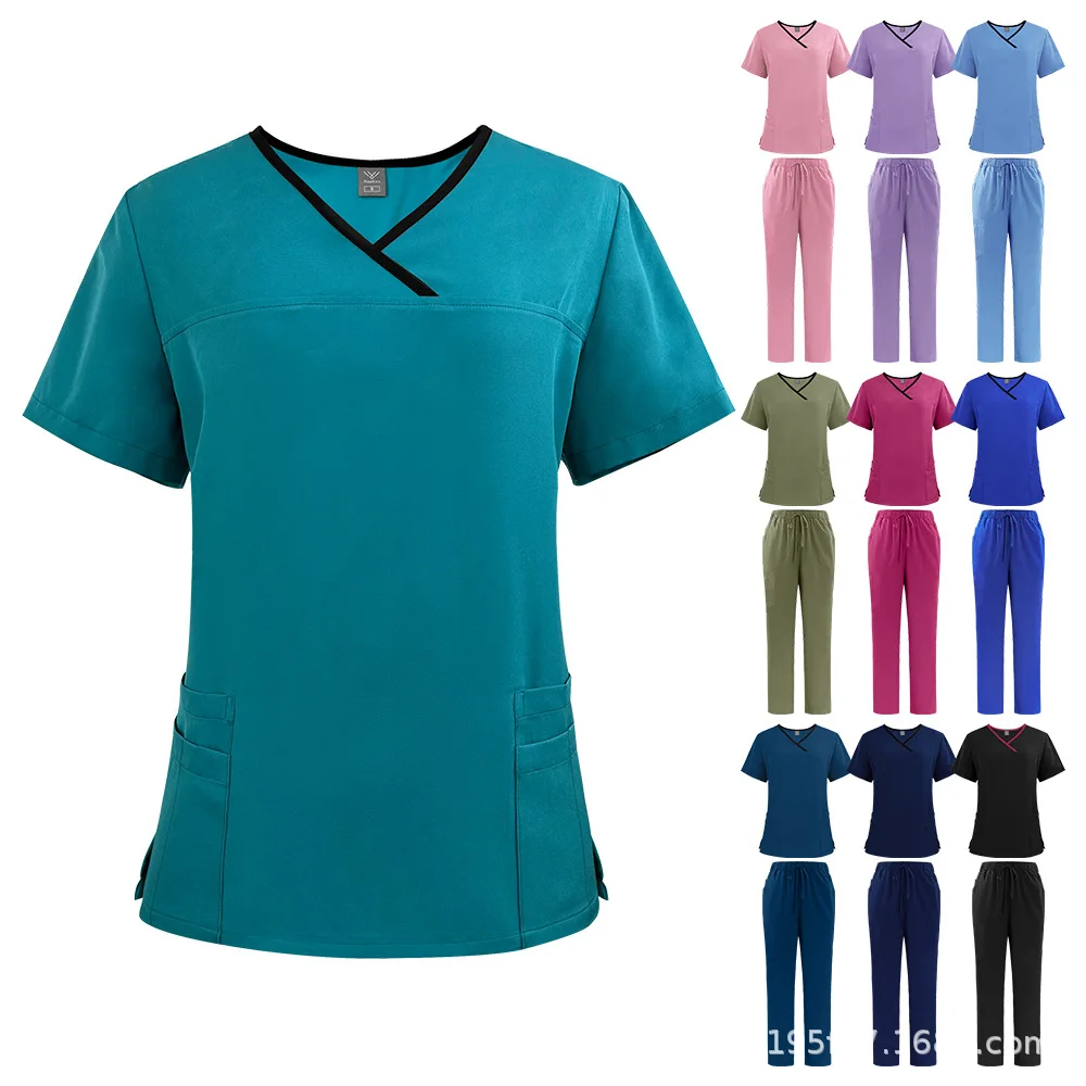 Medical Scrub Set Black Piping V Neck Multi Cargo Pocket Drawstring Straight Pants Aesthetic Nurse Vet Beautician Work Uniform