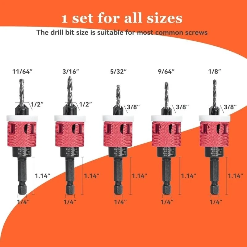 Pack of 5 Shank Countersink Drill Bits with Adjustable Depth Stop Tapered Bits for DIY Projects and Professional Use M4YD