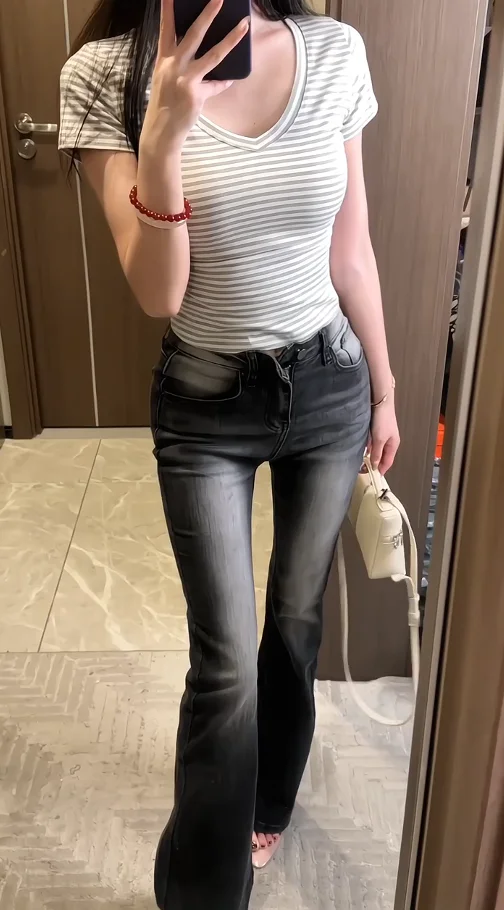 

Женские джинсы-клеш с высокой талией, облегающие, эластичные, в стиле ретро, светло-голубые, из хлопкового денима, весна-осень