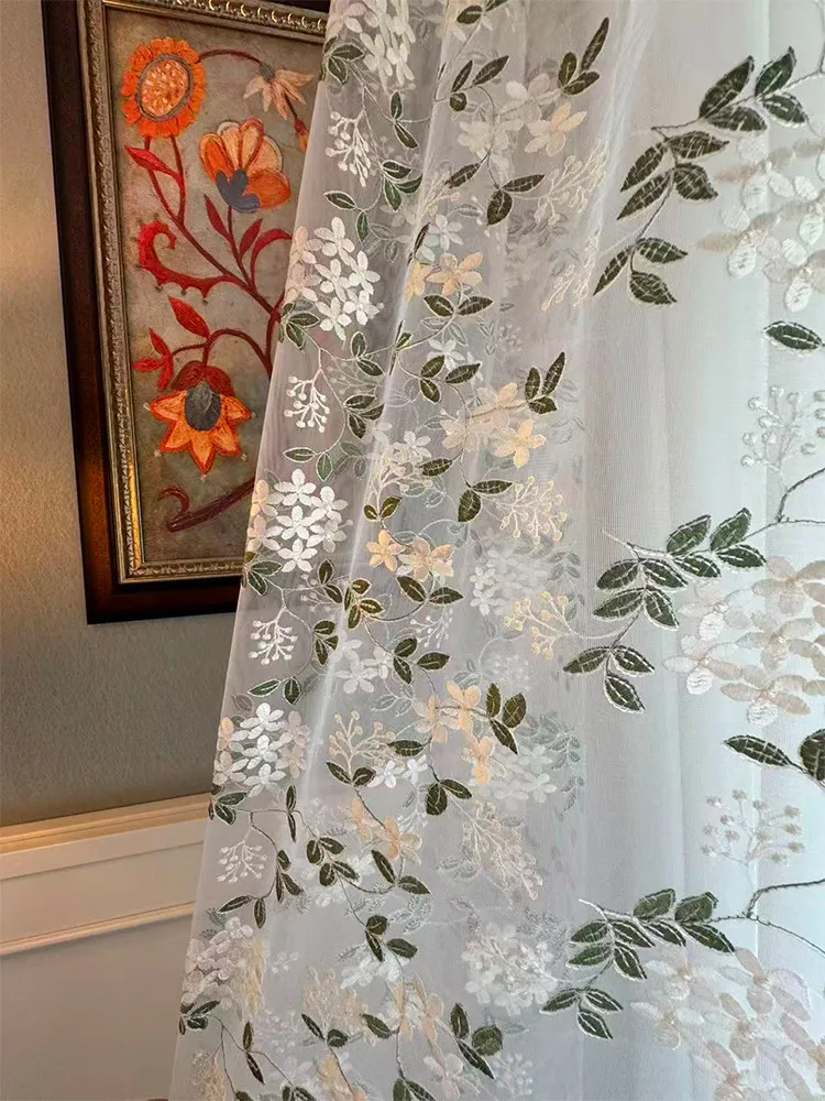 High End Heavy Industry Flower Hollow Out Green Embroidery White Screen Window Gauze Bedroom Living Room Balcony Bay Window