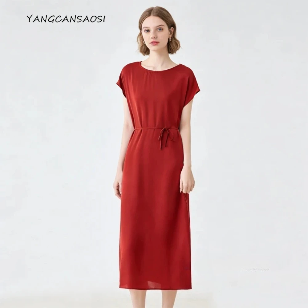 Schweres Kleid aus 91,8 % natürlicher Maulbeerseide, elastischem Satin für Damen, 2026, neues Sommerkleid mit einfachem und lockerem Schnür-Temperament