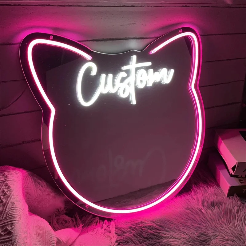 Insegna al neon con specchio a forma di gatto, nome personalizzato personalizzato Luce al neon a LED Casa Camera da letto Camera da ragazza Specchio per trucco Decorazione da parete per matrimonio
