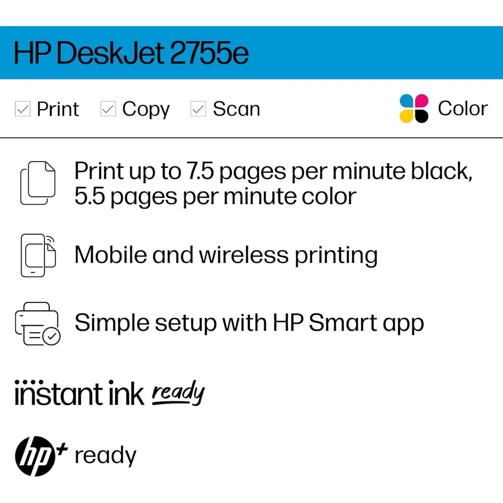 DeskJet 2755e Wireless Color inkjet-printer, Print, scan, copy, Easy setup, Mobile printing, Best-for home