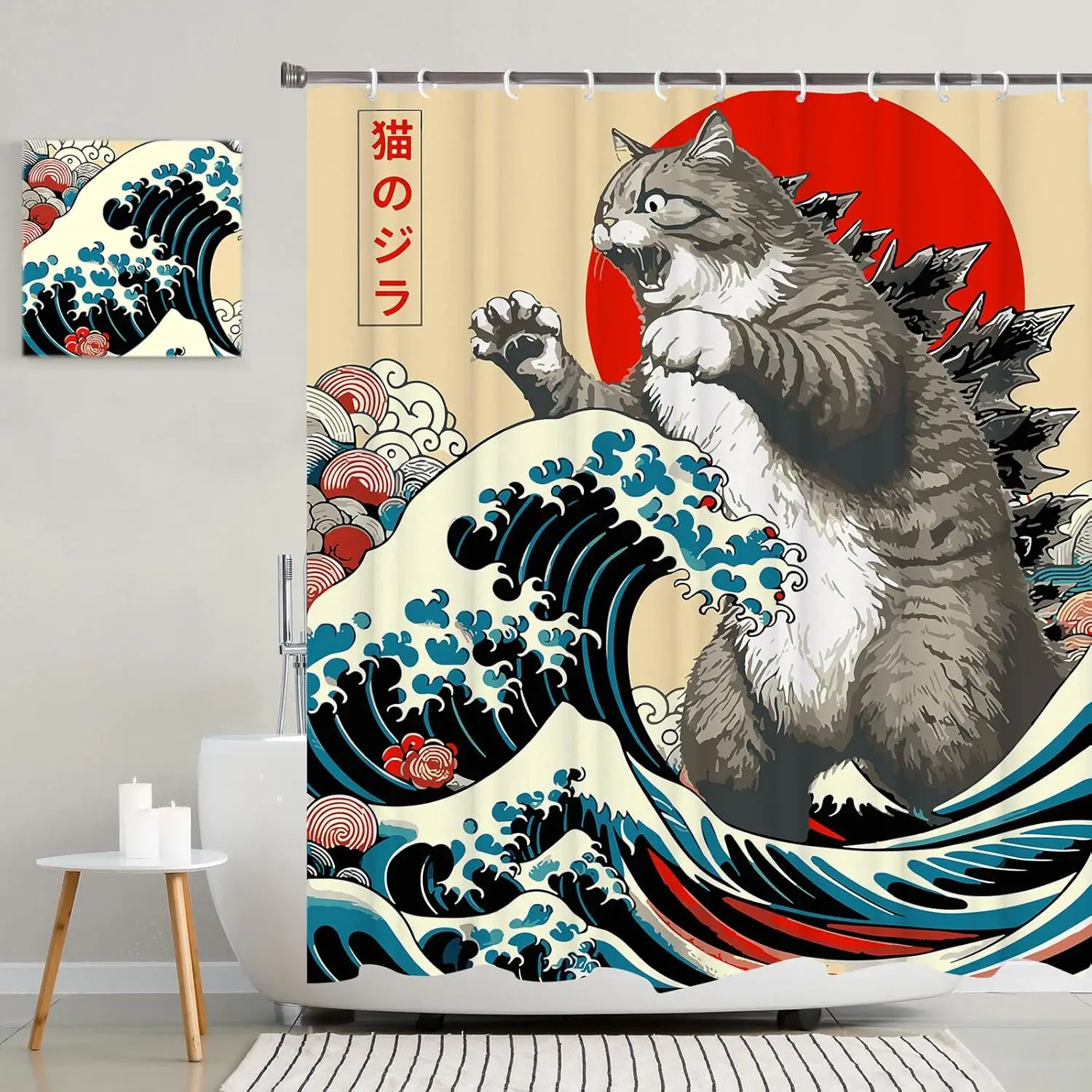 

Funny Japanese Cat Shower Curtain, Vintage Anime Wave Waterproof Fabric Bathroom Decor 72x72
