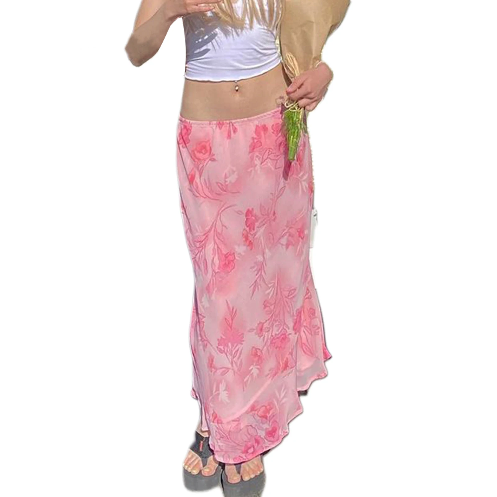 

2024 Summer Women's Sexy Low Waist Pink Flowing Skirts Vintage Floral Printed Straight A Line Layered Slim Long Skirt