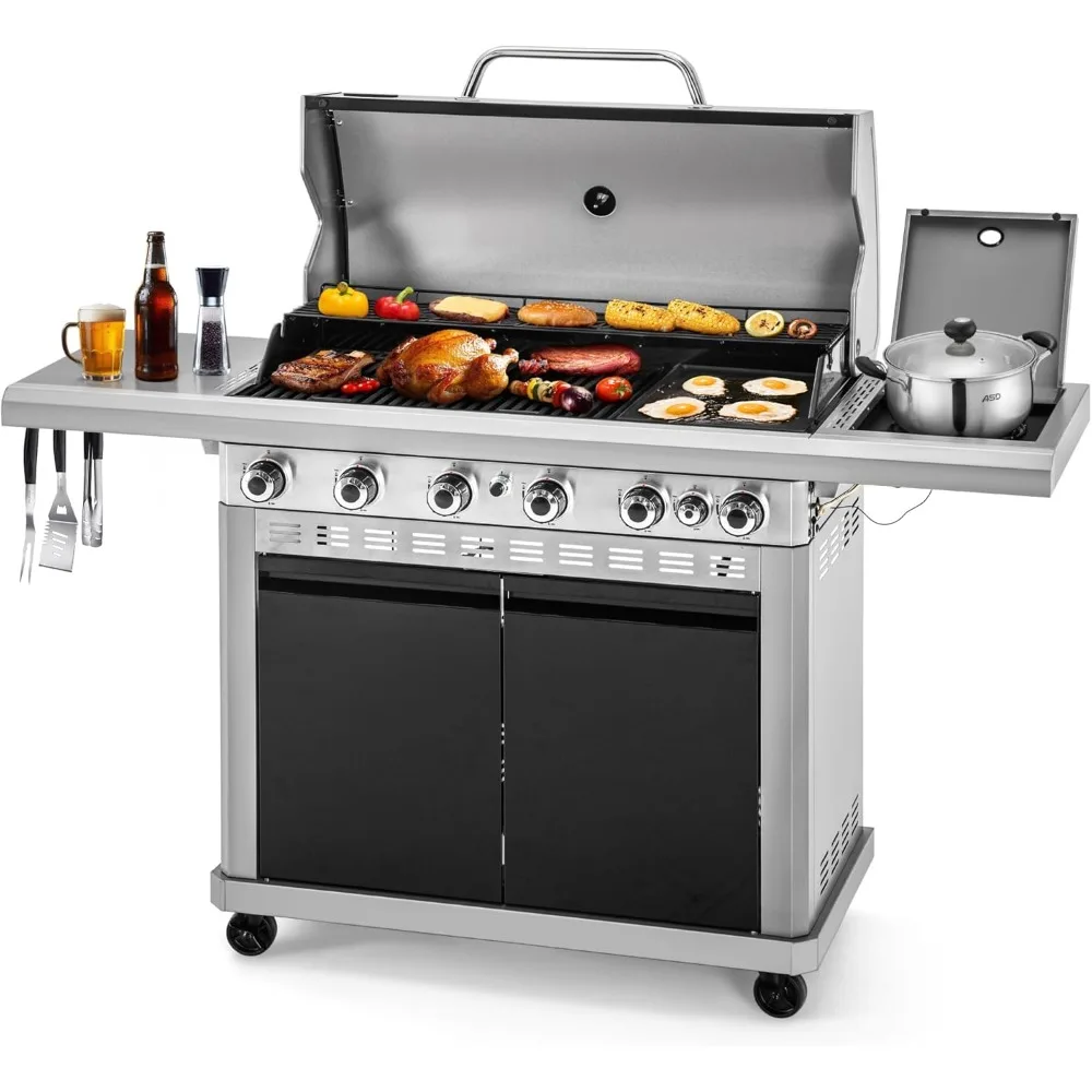 

7 Burner BBQ Gas Propane Grill with Searing Side Burner, Porcelain-Enameled Cast Iron Grates and Dual-Side Griddle Combo for Ou