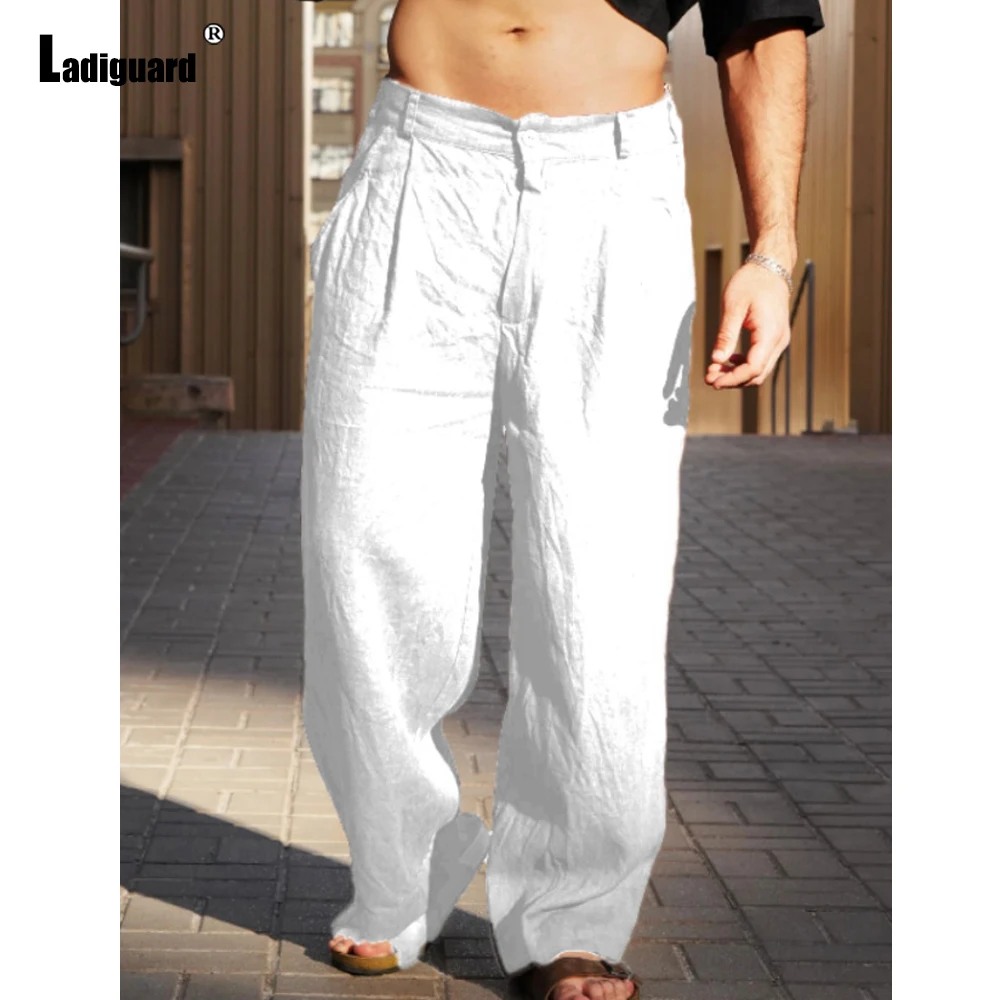 2025 Summer Bloomers Straight Trousers Mens Casual Loose Solid Color Cotton Linen Pants Men Vintage Mid Waist Beach Hotpants New