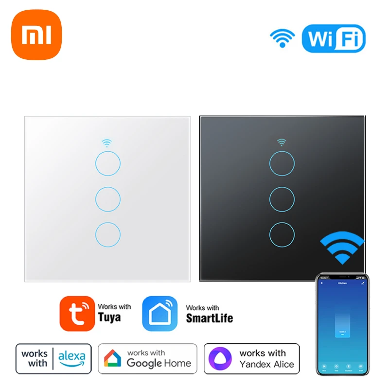 

Xiaomi Tuya EU WiFi Smart Wall Switch 1/2/3/4 Gang No Neutral Wire Touch Sensor LED Light Switches Smart Home Alexa Google Home