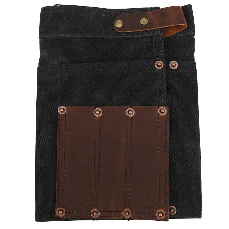 مريلة متعددة الجيوب للنساء من الجلد الطبيعي مصنوعة من القماش بنصف مريلة وجيب للنادلة وخادم مستحضرات التجميل باللون الأسود