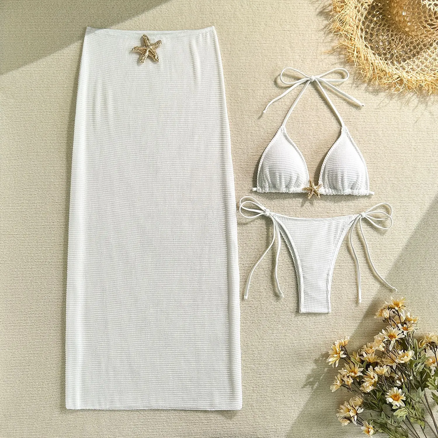 Fanan 2026 Summer New Women Solid Color Mesh Long Skirt Split Swimsuit Swimsuit Three-piece Set Bikini