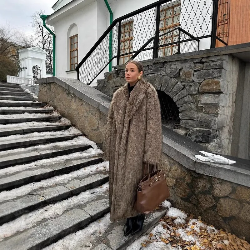 A new long coat in apricot red, a faux fur coat, a thickened winter warm outerwear in brown and coffee color, and an extended st