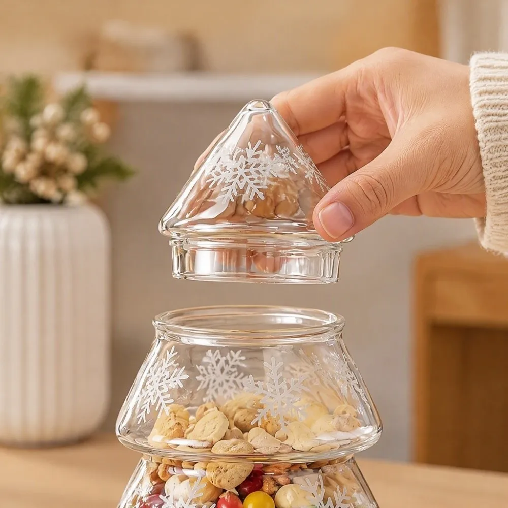 Snowflake Pattern Glass Christmas Tree Jar Transparent Stylish Cookie Jar Large Capacity With Lid Christmas Food Container