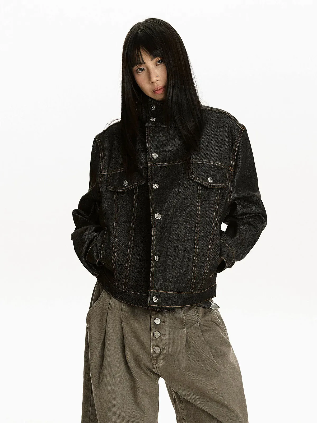 American Style Trend Stand Collar Denim Jackets Women Autumn Loose Versatile Retro Long Sleeve Outerwear High Street Casual Coat