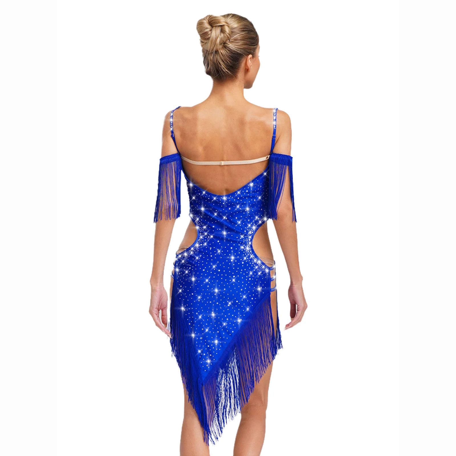 Jazz-Latin-Tanzkleid, Cha-Cha-Tango-Kostüm für Damen, rückenfrei, Ausschnitt, Spaghettiträger, Fransen, glänzende Strasssteine, Leistung