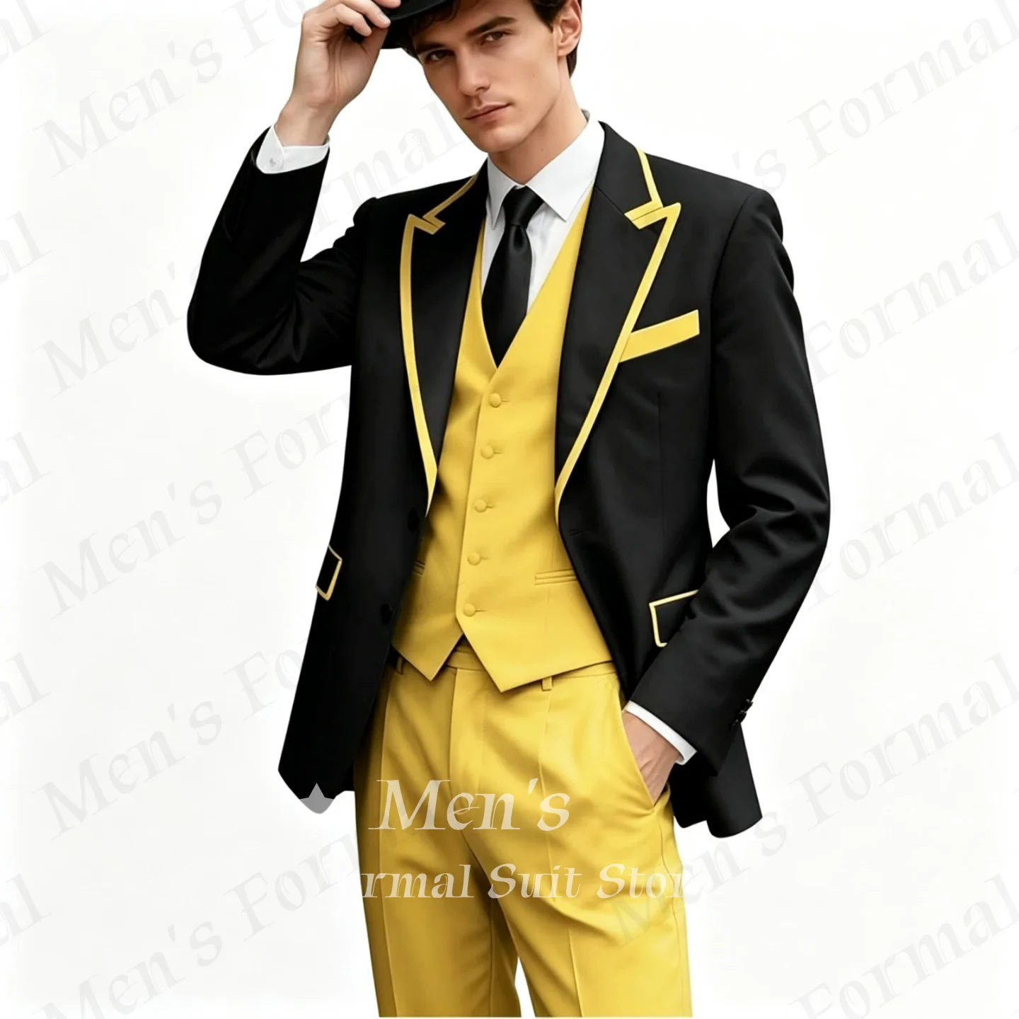 Black Yellow Contrast Piping Peak Lapel 3 Piece Suit Men Blazer Tuxedo Vest Pants Stage Performance Wedding Daily Customized