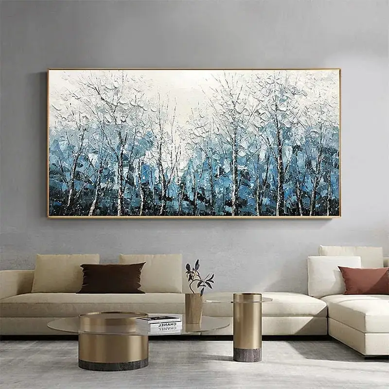 Abstract Hand Painted Forest Painting Canvas Painting Wall Art Textured Impasto Blue White Posters Prints Living Room Home Decor