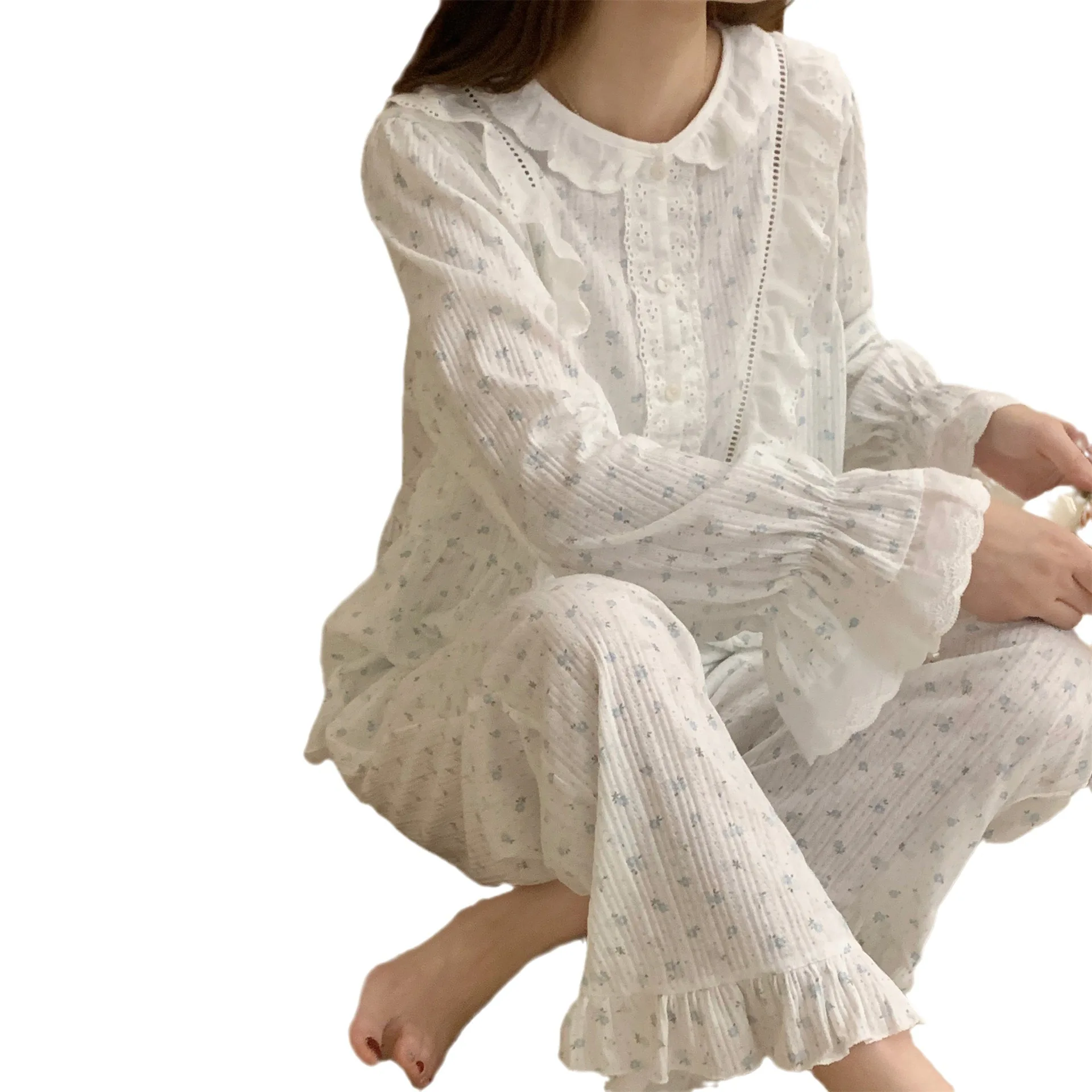 Frühling Herbst Hose Anzüge Baumwolle weibliche Pyjamas Set süße Druck Blume Nachtwäsche Puppen kragen Pyjama Pour Femme lose Home Wear